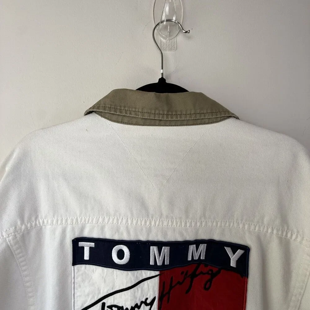 Vintage Tommy Hilfiger White Denim Jean Jacket | Big Logo 90s Oversized, XL